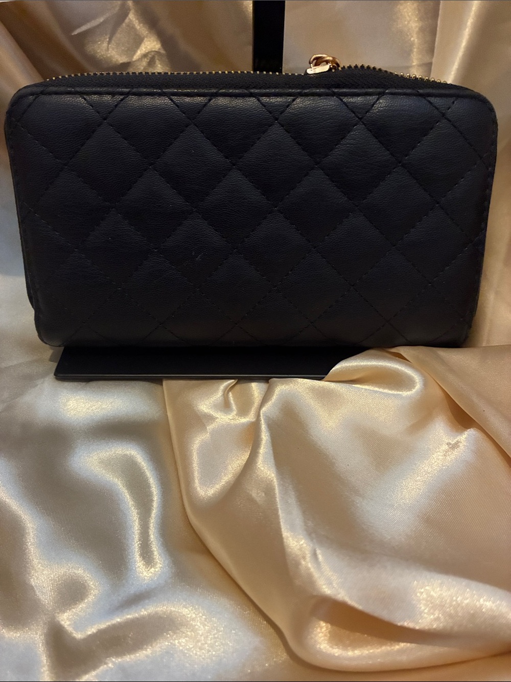Badgley Mischka Black Quilted Zip-Around Wallet with Gold Logo - Picture 2 of 3